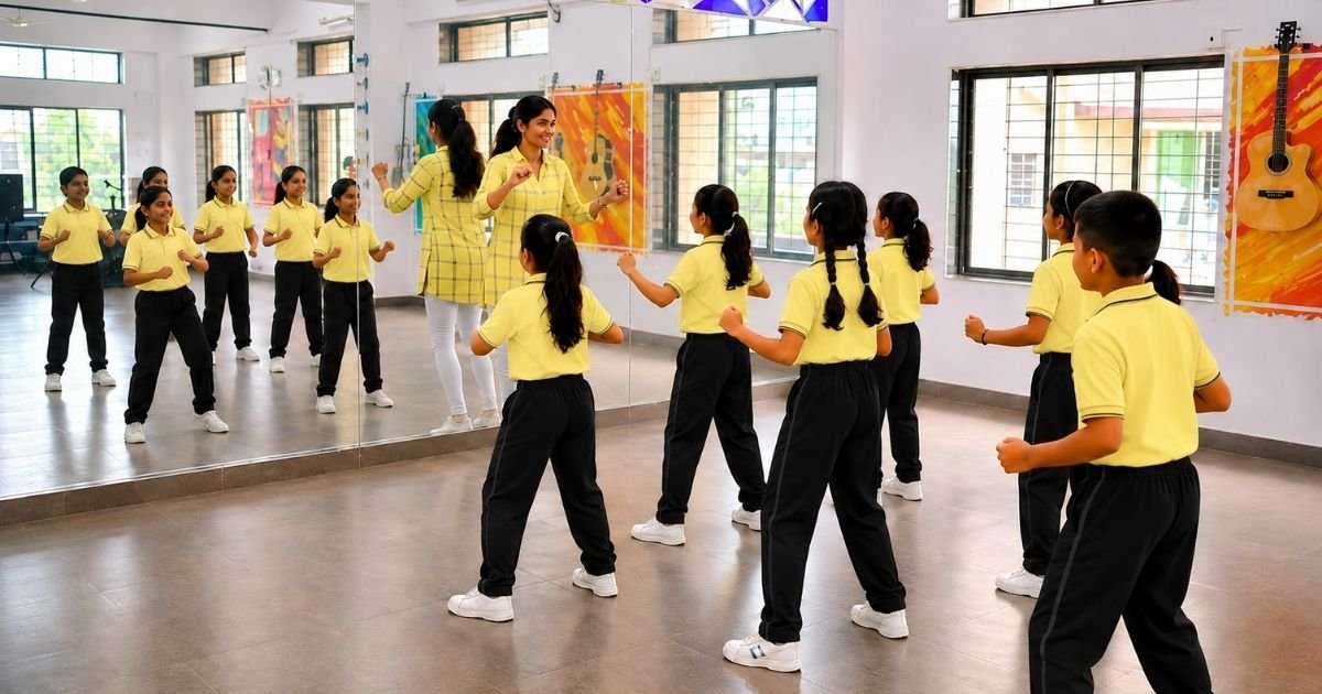 Female instructor leads a group of children in yellow shirts and black pants in a dance class in a room with mirrors and posters on the walls.